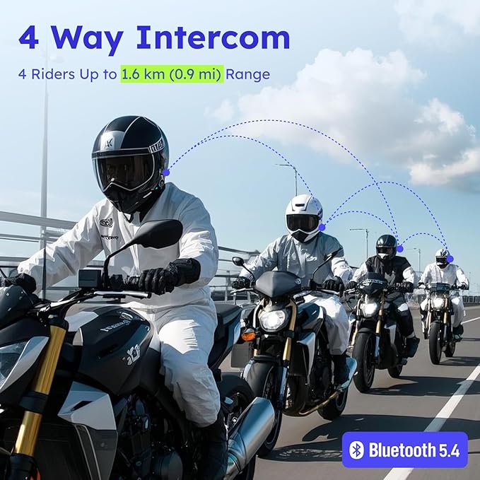 D10 Motorcycle Bluetooth Headset with AI Voice Control, 4 Riders Helmet Headphone Communication System with Noise Reduction/FM Radio/Universal Pairing/ IPX7, 2 Pack