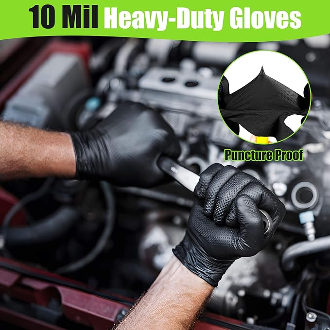 TREEGO Black Nitrile Gloves 10 Mil Heavy Duty Disposable Latex Free – Diamond Grip for Industrial, Construction, Mechanic