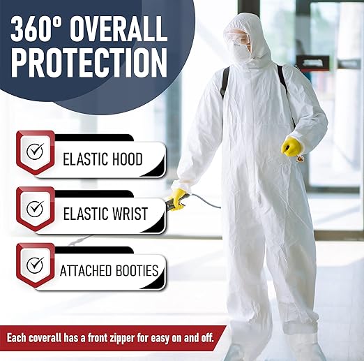 Hazmat Suits Disposable | 5 Pack | Protective Coveralls with Attached Hood and Boots | Heavy Duty Full Body Painters Suit for Adults - Breathable & Water Resistant | 2X-Large