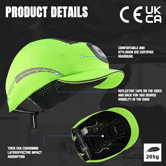 Lightweight Bump Cap with Reflective Stripes, Breathable Baseball Cap Style, Head Protection Hard Hat for Men Women