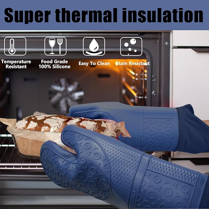 Oven Mitts with Heat-Resistant Hot Pads and Five Silicone Spatulas Designed for Kitchen Baking Cooking, Oven Glove Soft Cotton Lining, Waterproof, BPA-Free (Dark Blue, 15.7)