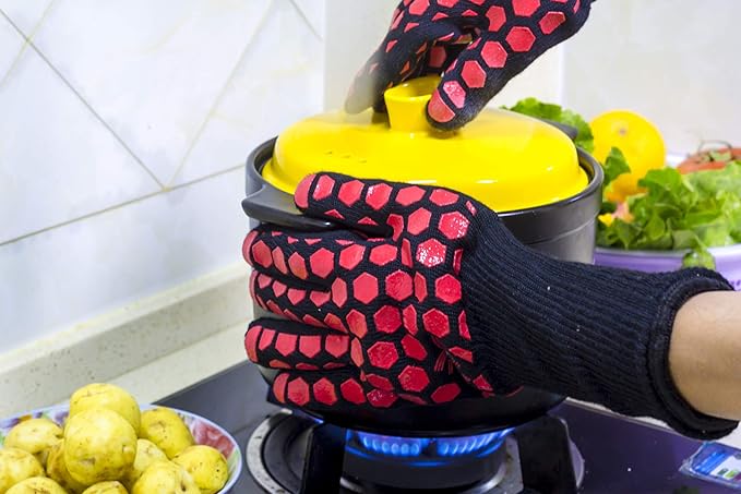J H Heat Resistant Oven Glove:EN407 Certified 932 °F, 2 Layers Silicone Coating, Oven Mitts for Cooking, Kitchen, Fireplace,Camping, Grilling