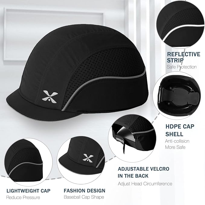 Lightweight Safety Bump Cap - Breathable Baseball Style Protective Hat with Reflective Stripes