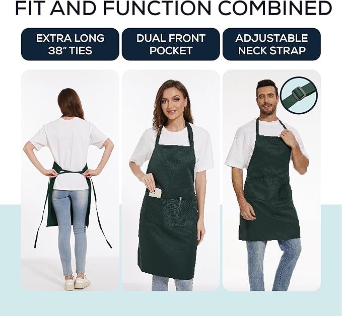 Will Well Kitchen Apron for Men and Women - 33" x 27" Oil-and-Water-Resistant with Adjustable Neck Strap and 38" Waist Ties for a Snug Fit, Lightweight with 2 Front Pockets - 1-Pack, Green
