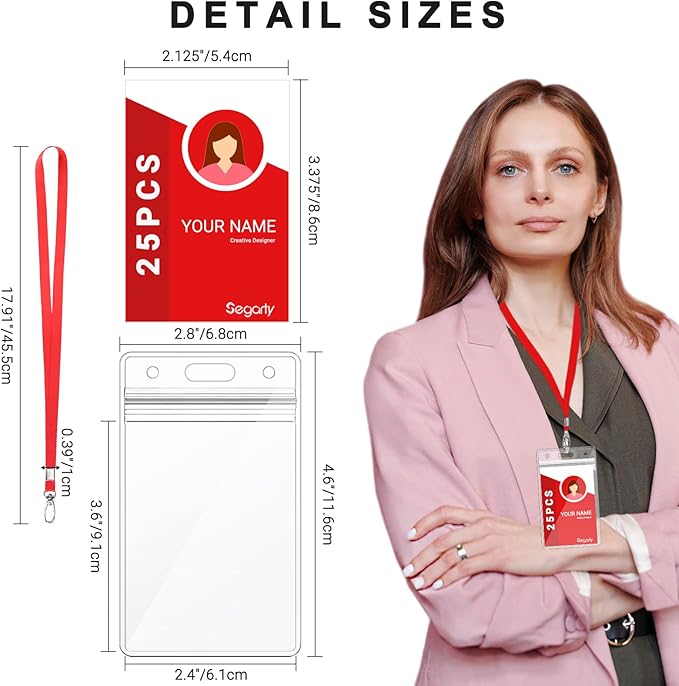 Segarty Lanyards with ID Holder, 25 Pack Vertical Badge Clear Plastic Name Tags Neck Key Card Bulk, Red Strap Clips Waterproof Ziplock Nametag Protector for Women, Business, Student, School, Office