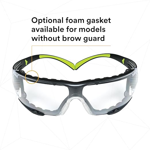 3M Safety Glasses for Men and Women, SecureFit 400, 1 Pair, Z87, Anti-Fog Anti-Scratch Clear Lens, Green/Black Frame, Polycarbonate, UV Protection, Flexible Temples, Removable Foam Gasket