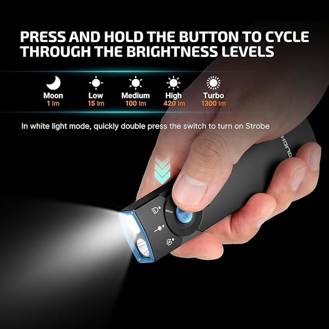 OLIGHT Arkfeld Pro Rechargeable EDC Flat Flashlight with Green Beam, UV and White LED Combo, 1300 Lumens Portable Pocket Lights, Triple Sources for Outdoors Emergency Working (Black CW)