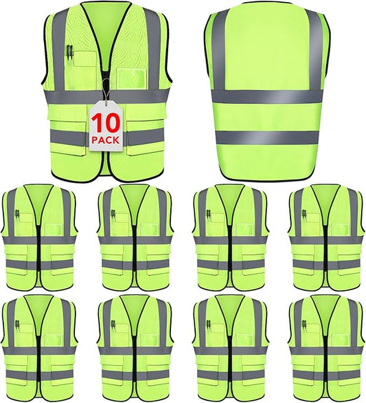XPCARE 10-Pack Hi Vis Reflective Safety Vest with Pockets, Green High Reflective Strips Zipper Work Vest for Men and Women（Medium）