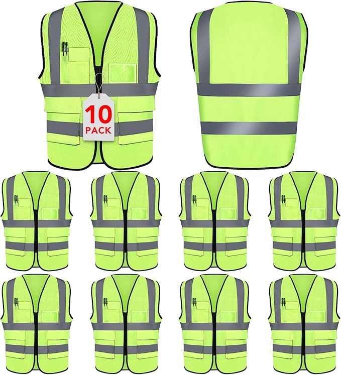XPCARE 10-Pack Hi Vis Reflective Safety Vest with Pockets, Green High Reflective Strips Zipper Work Vest for Men and Women(Large)