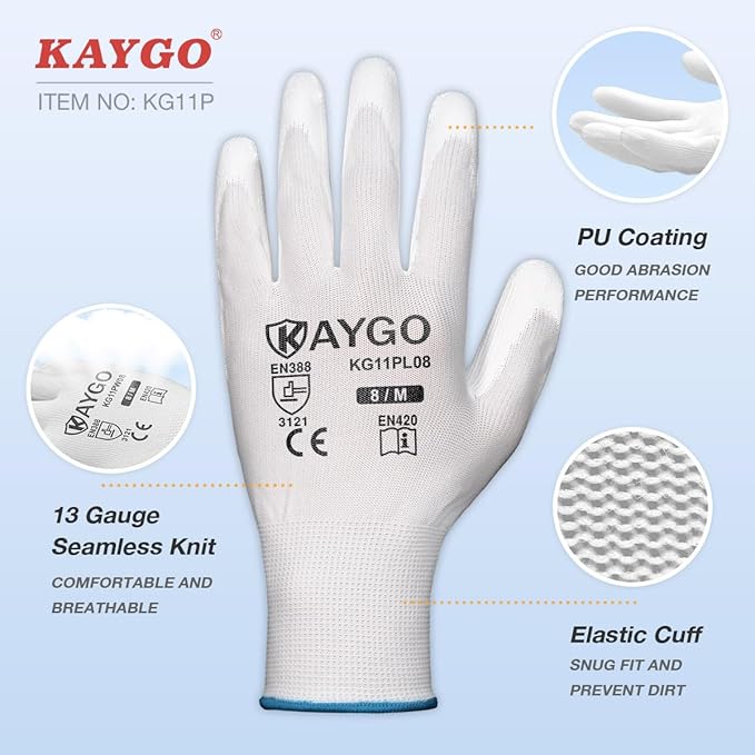 Safety Work Gloves PU Coated-60 Pairs, KG11P Seamless Knit Glove with Polyurethane Coated Smooth Grip on Palm&Fingers, for Men and Women, Ideal for General Duty Work, White,Large