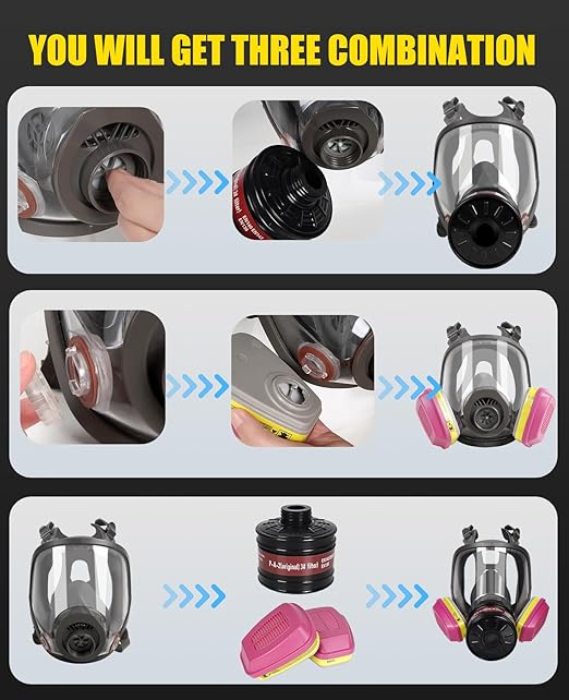 Full Face Gas Mask Respirator: Survival Nuclear and Chemical Reusable Respirator Mask with Filters 60923, Activated Carbon 40mm Filter for Painting Mold Dust Epoxy Resin Welding Polishing