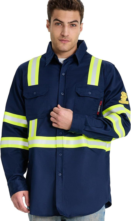 SRsafety Hi Vis FR Work Shirts,7.0oz Long Sleeve Flame Resistant Shirts for Men,100% Cotton High Visibility Fire Shirt