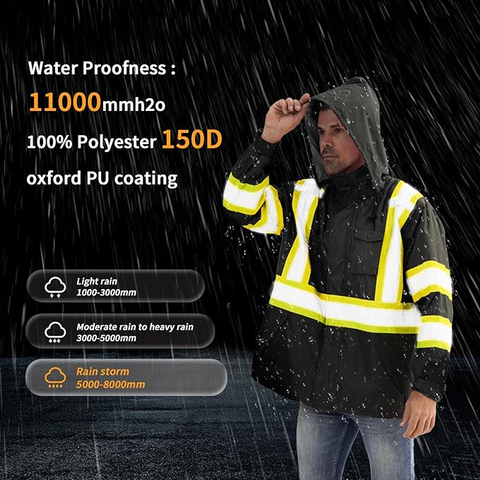 Reflective Rain jackets for men waterproof,Hi Vis Safety Coat With Reflective Strips，High Visibility Class 3 Rain jackets With 2 large pockets，Zipper,Black，2XL/3XL