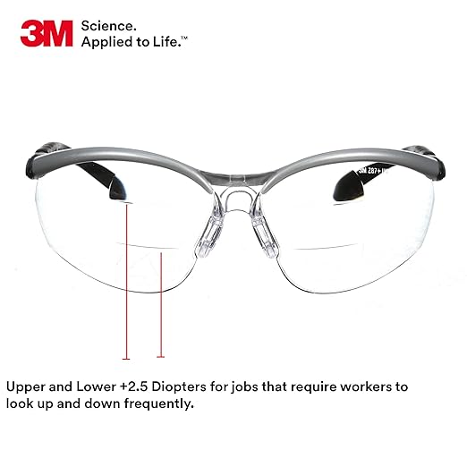 3M Safety Glasses, BX Dual Readers, +2.5, ANSI Z87, Anti-Fog Clear Lens, Silver/Black Frame, Adjustable Length Temples and Lens Angle