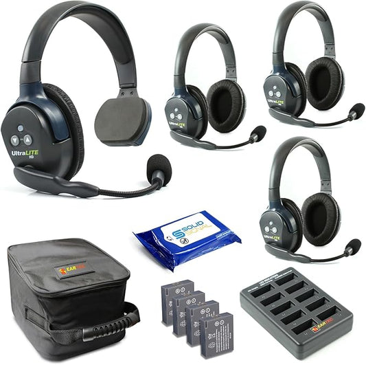 Eartec UL413 Ultralite Full Duplex Wireless Headset Communication for 4 Users - 1 Single Ear and 3 Dual Ear Headsets with SolidSignal Cleaning Wipes Bundle