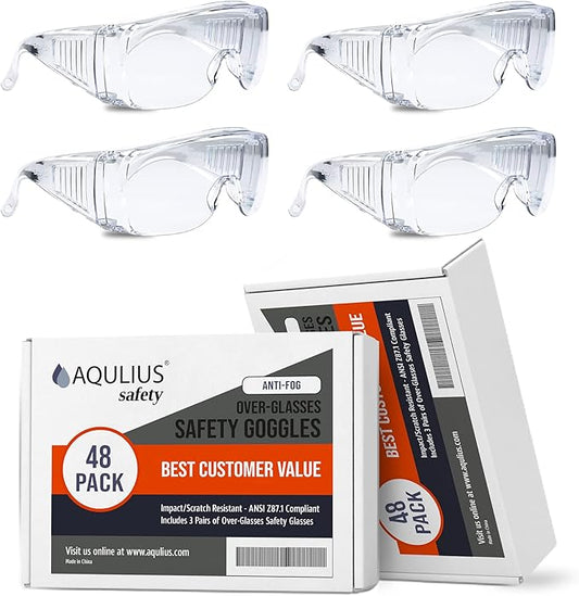 Aqulius 48 Pack Safety Glasses Over Eyeglasses (Anti-Fog & Scratch Resistant) Crystal Clear Eye Protection - OTG Safety Goggles - Protective Eyewear