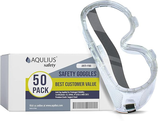 Aqulius ANSI Certified Goggles Bulk - 50 Pack, Direct Vent, Comfort Fit - Impact & Splash Resistant Protective Eyewear - Anti Fog Eye Protection Goggles for Construction & Work Safety