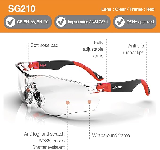 DEX FIT Safety Glasses SG210, Z87 Eye Protection, Anti-Fog & Scratch Resistant, Adjustable for Women and Men, UV Protection (Black & Red Frame, Clear Lens)
