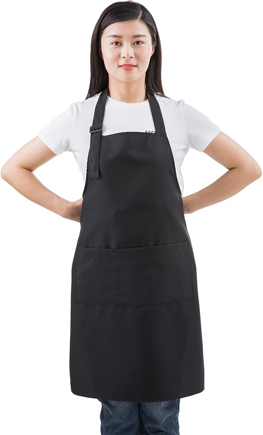 (2 set Black Professional Resist Water Adjustable Extra Long Bib Apron 3 Pockets Home Kitchen Garden Restaurant Cafe Bar Pub Bakery for Cooking Chef Baker Servers Craft Unisex