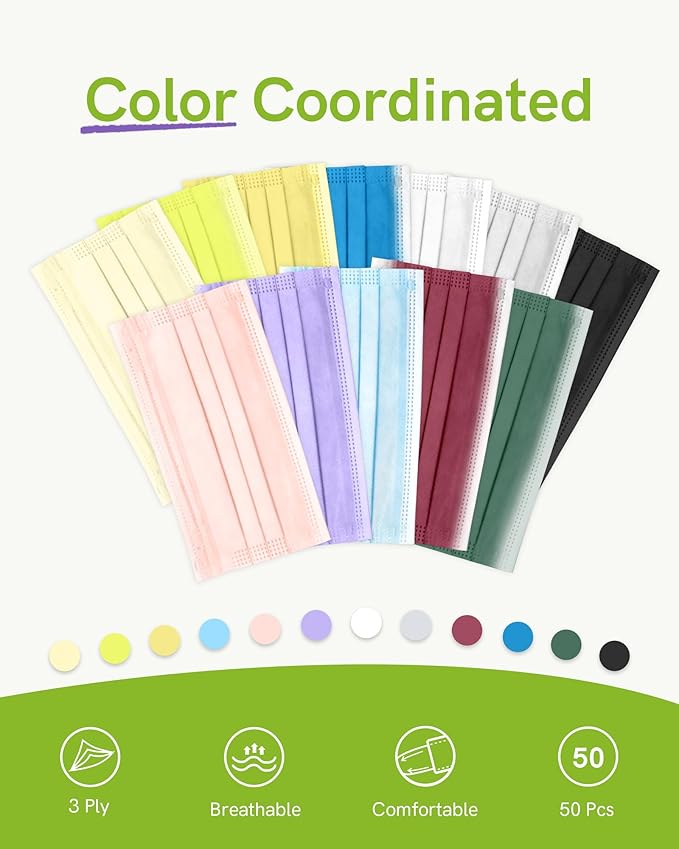 FriCARE Disposable Face Masks, 3-Ply ASTM Level 3 Medical Grade, FSA/HSA Eligible, Breathable & Comfortable for Allergy/Sun Protection, 50 Pack Purple