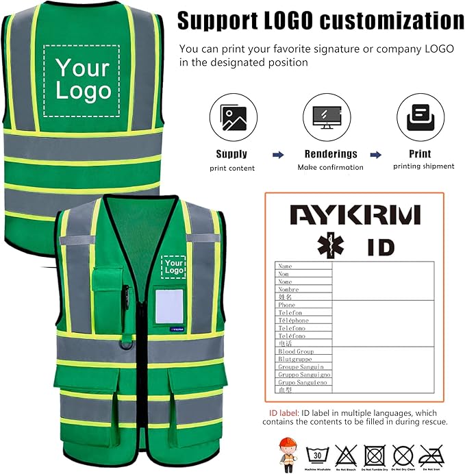 AYKRM 11 color High Vis Reflective Safety Vest for Women Men Security Pocket Zipper