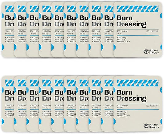 RHINO RESCUE 20 Pack 4" X 4" Burn Dressing, Burn Gel Cooling Soothing Cream Relief Burn First Aid Supplies (20)
