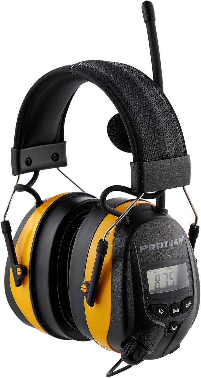 Bluetooth Radio Headphone with Gel Ear Pads,Ear Hearing Protection Earmuffs with Boom Microphones,Power by Rechargeable Battery,Digital AM/FM Radio Headphones for Mowing Lawn Work Outdoor (Yellow)