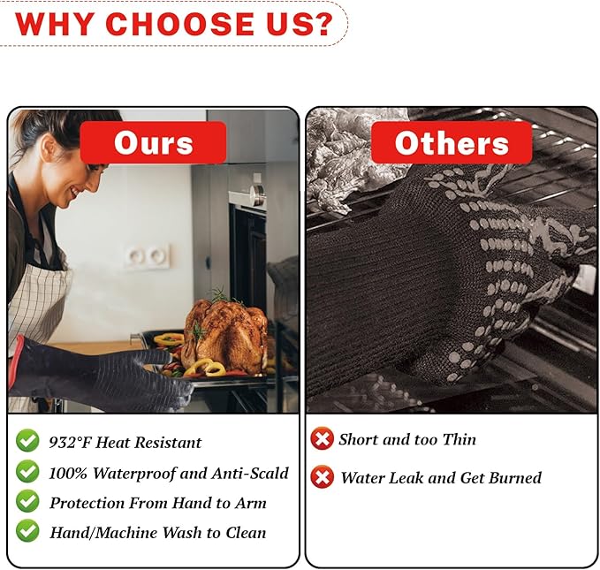 BBQ Grill Gloves, 932°F Heat Resistant Grilling Gloves 14in Waterproof Long Sleeve Barbecue Gloves for Fryer Turkey Baking Smoker Rotisserie BPA-Free