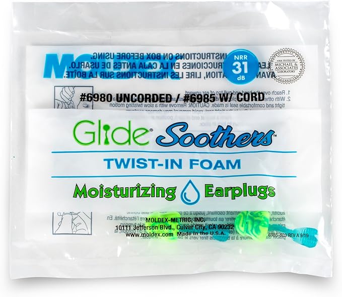 Moldex Glide® Soothers Foam Earplugs, Moisturizing, Soft, Comfortable, Uncorded Disposable Ear Plugs, NRR 31dB Noise Reduction for Hearing Protection, 6980