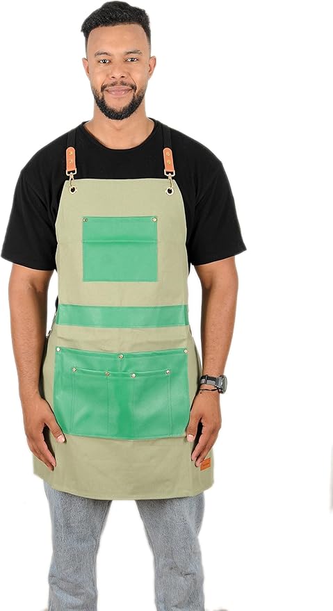 Barber Hair Stylists Working Apron Waterproof Canvas Chef Kitchen Apron with 6 Pockets