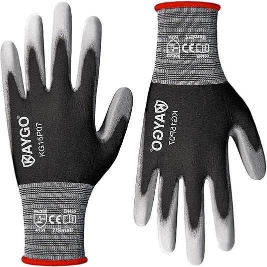 KAYGO Work Gloves PU Coated 12 Pairs, KG15P,Nylon Liner with Flexible Polyurethane Coating,Safety Work Gloves for DIY, Assembly, Warehouse, Light Duty Work (Small, Black)