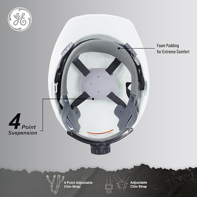 GE Cap Style Hard Hat, 4-Point Ratchet Suspension, Earmuff Slots, High Impact Resistant, Sweat-Wicking Sweatband, Meets ANSI Z89.1-2014, Comfortable, Durable, and Protective - White, Vented