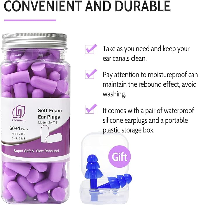 LYSIAN Ultra Soft Foam Earplugs Sleep - 38dB SNR Noise Cancelling Ear Plugs for Sleeping, Shooting, Snoring, Work Loud Sound Reduction- 60 Pairs Valued Pack,Purple