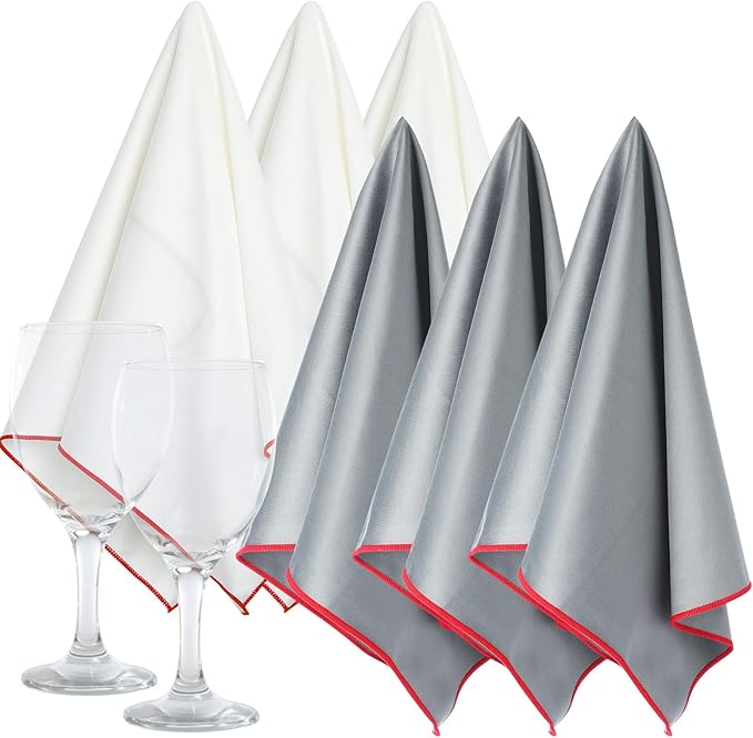 6 Pcs Wine Glass Polishing Cloths Large Microfiber Cleaning Cloths 25 x 20 Inch Lintless Towels for Drying Wine Glasses Cleaning Window Stemware Dishes Glassware (Gray, White)