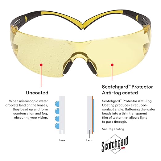 3M Safety Glasses, SecureFit, 20 Pack, ANSI Z87, Scotchgard Anti-Fog Anti-Scratch, Amber Lens, Yellow/Black Frame, Flexible Temples