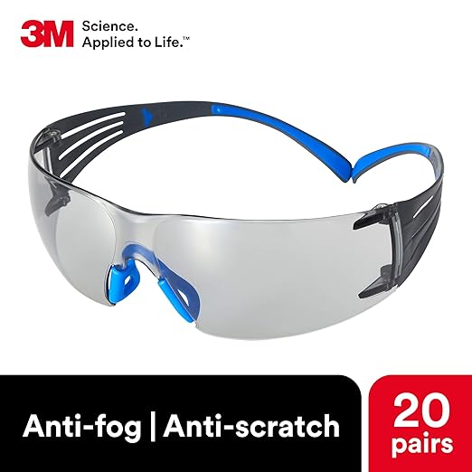 3M Safety Glasses, SecureFit, 20 Pack, ANSI Z87, Indoor/Outdoor, Scotchgard Anti-Fog Anti-Scratch, Gray Lens, Blue/Grey Frame, Flexible Temples