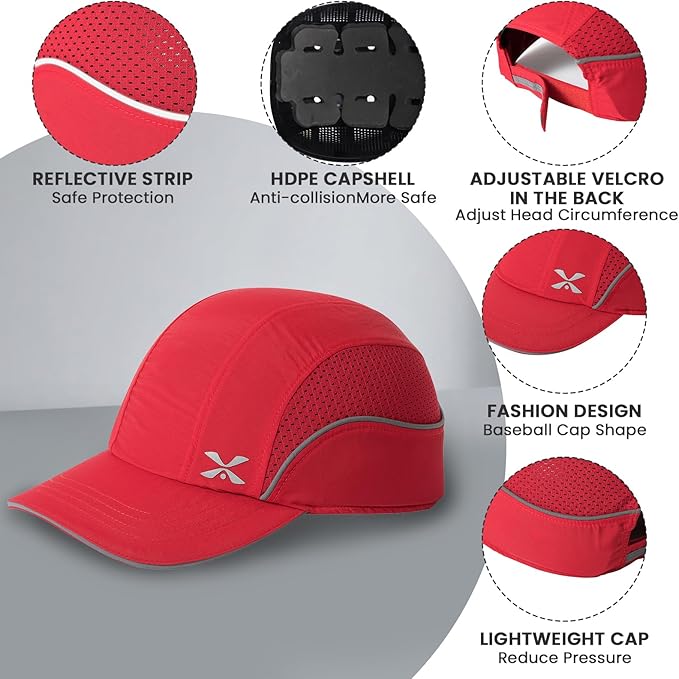 TIHEEN Unisex Safety Bump Cap, Baseball Hat Style with Reflective Stripes Lightweight and Breathable Hard Hat Head Protection Cap