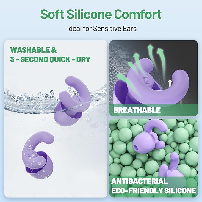 Ultra-Soft Noise Cancelling Ear Plugs, Reusable Silicone for Sleep Concerts Travel Office,33dB (NRR),Ergonomic Integrated Design Fit for Small Ear Canals Noise Sensitivity (Purple, 4 Pairs)