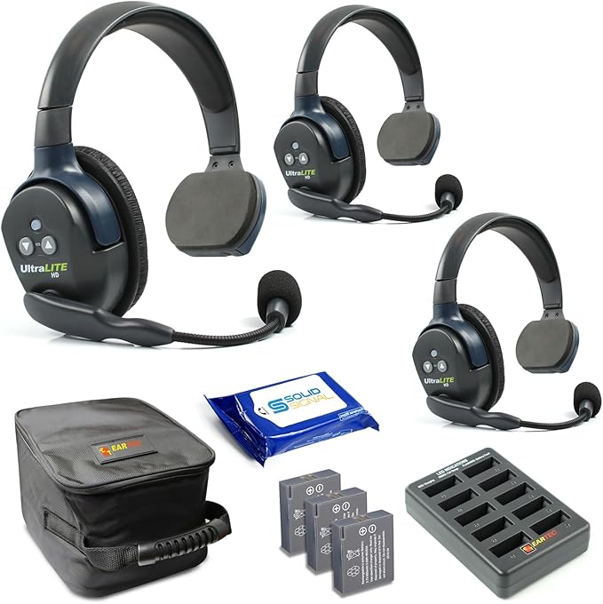 Eartec UL3S Ultralite Full Duplex Wireless Headset Communication for 3 Users - 3 Single Ear Headsets, SolidSignal Cleaning Wipes Bundle