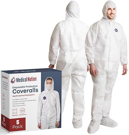 Hazmat Suits Disposable | Pack of 5 | Protective Coveralls with Attached Hood and Boots | Heavy Duty Full Body Painters Suit for Adults - Breathable & Water Resistant | Extra Large