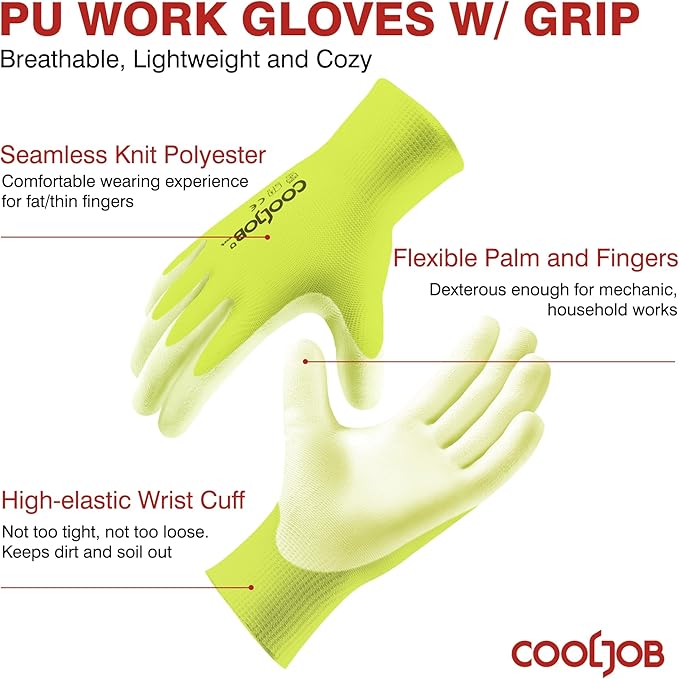 COOLJOB 12/60 Pairs Safety Work Gloves Pack Bulk with Grip PU Coating, 13 Gauge Seamless Knit Gloves with Polyurethane Dipped for Warehouse Working, Breathable Lightweight for Men Women, Yellow Xlarge