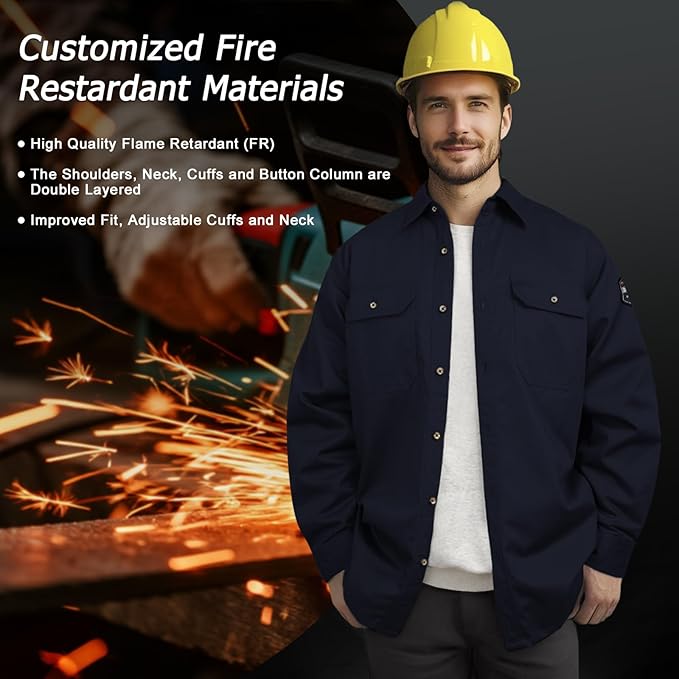 Welding Shirt 7.5oz FR Shirts for Men, 100% C Flame Resistant Welding Jacket with Reinforced Sewing, Durable Men's Fire Retardant FR Clothing for Men, Meets NFPA2112, Navy-ZRND 4XL