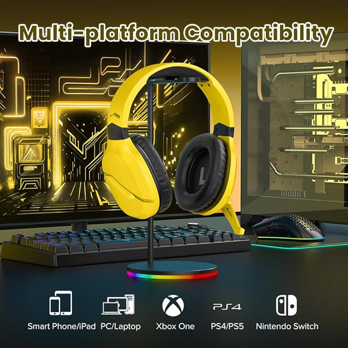 Wireless Gaming Headset with Noise Canceling Microphone for PS5, PC, PS4, 2.4G/Bluetooth Gaming Headphones with USB and Type-c Connector, Wired Mode for Controller - Yellow