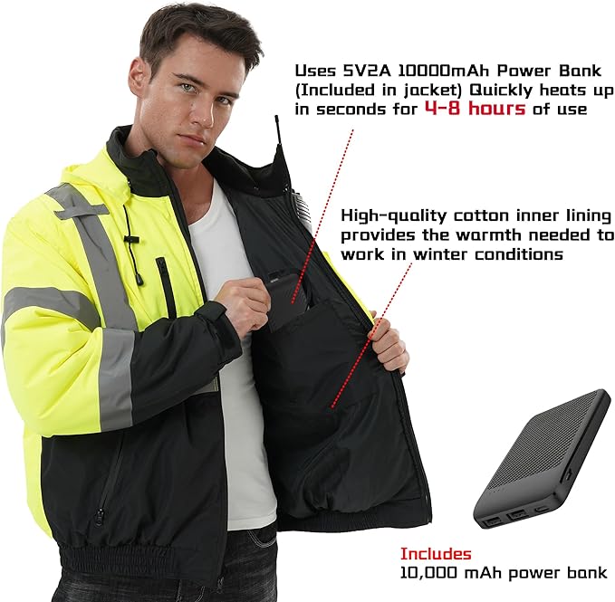 SKSAFETY Heated Safety Bomber Jacket, Class 3 Hi-Vis Waterproof Coat, 3M Reflective Tape, Work Construction Coats