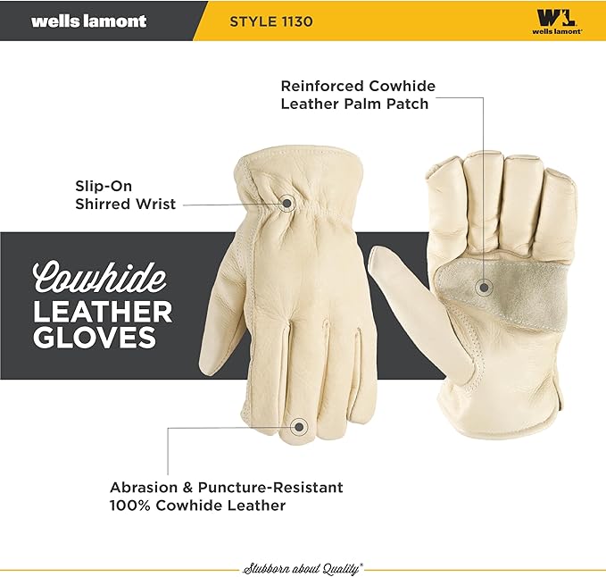 Wells Lamont Men's Leather Work Gloves, Reinforced Palm, Durable for Yardwork, Construction, and DIY, Beige, Large (1130L)