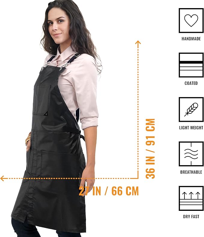 Under NY Sky Cross-Back Black Apron – Chrome Hardware, Coated Twill, Leather Reinforcement, Split-Leg – Adjustable for Men, Women, Pro Barber, Tattoo, Hair Stylist, Barista, Bartender, Server Aprons