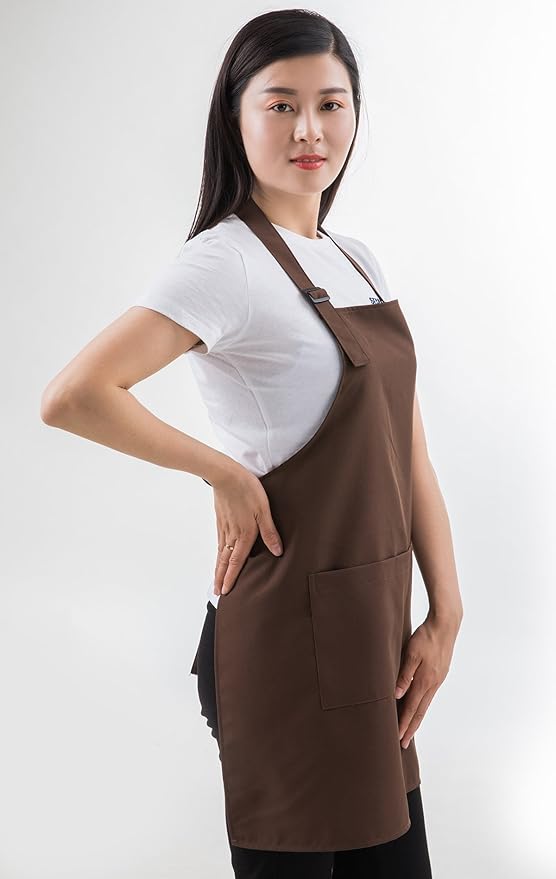 Brown Professional Resist Water Adjustable Extra Long Bib Apron 3 Pockets Home Kitchen Garden Restaurant Cafe Bar Pub Bakery for Cooking Chef Baker Servers Craft Unisex
