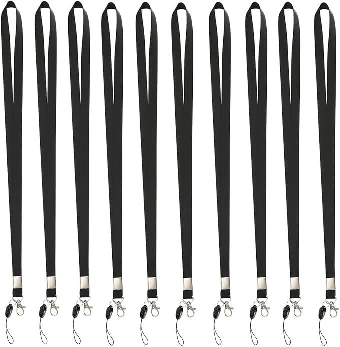 YOUOWO Neck Office Nylon Woven Black Lanyards For Badges Holders with J-Hook Enhanced Model Hook,Ether Ideal Lanyards For ID Name Badges,Keys,Cell Phone,USB,Whistles,Pack of 10