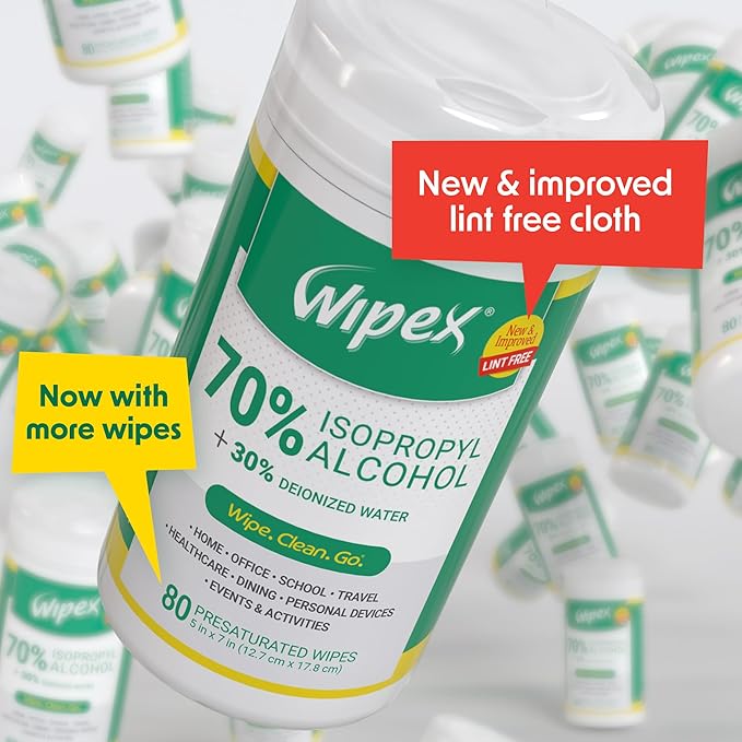 Wipex 70% Isopropyl Alcohol Wipes for Electronics - 80ct Large Lint Free IPA Tech Wipes in Sealed Canister to clean Surfaces, Electronics, Computer Screens, Glasses and Sensitive Devices, 1 Pack