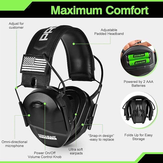 PROHEAR Youth Electronic Ear Protection 23dB NRR Slim Fit Sound Amplification Noise Compression Compact Design Gun Range Shooting Hunting Tactical Use